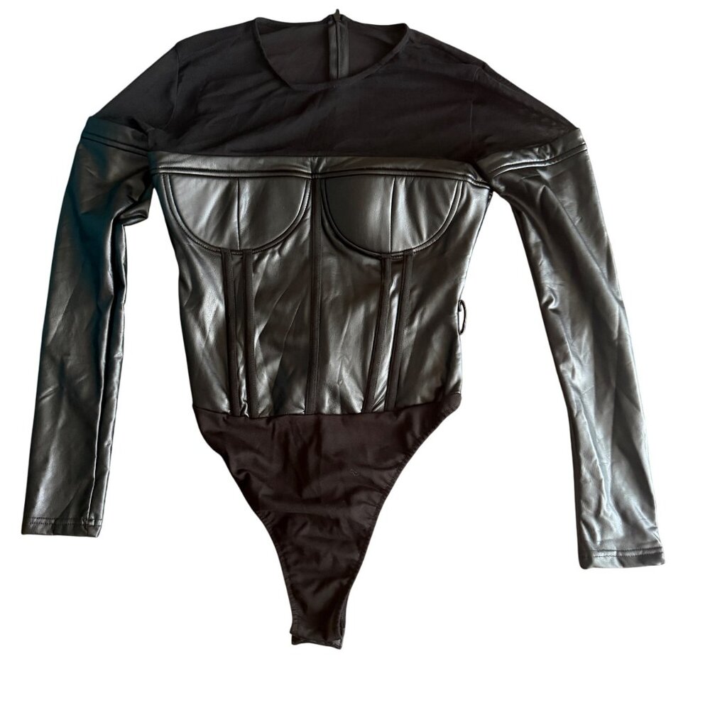 Black Faux Leather Long-Sleeve Corset Bodysuit For Women